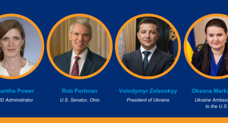 Left to Right: Samantha Power, Sen. Rob Portman, President Zelenskyy, Amb. Oksana Markova