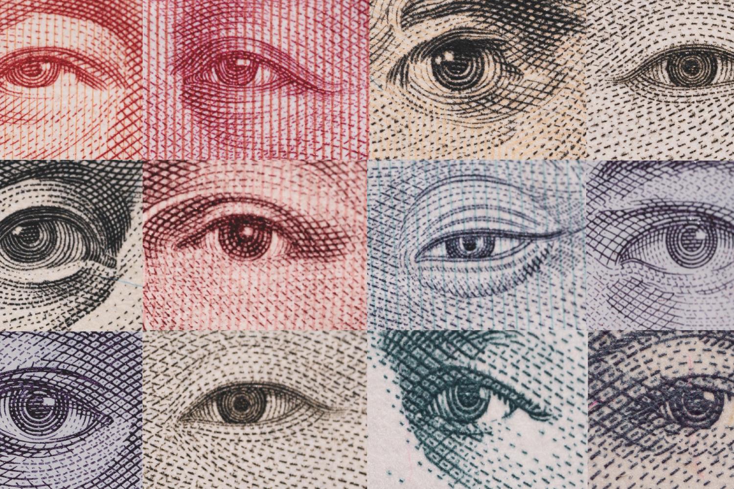 Close up of eyes from currencies