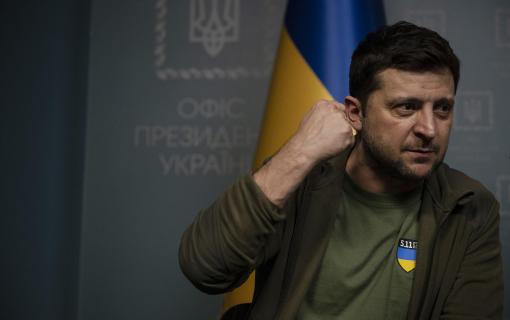 President Volodymyr Zelenskyy of Ukraine during a news conference in Kyiv, March 3, 2022. (Lynsey Addario/The New York Times)