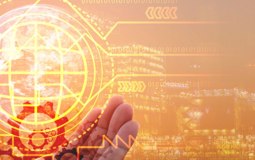 Image of someone holding representations of technology in the palm of their hand wiht a city scape in the backgorund