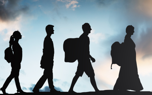 Images of people in shadow walking with their belongings
