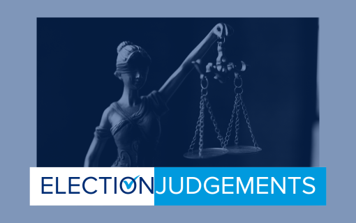 Election Judgements overlaid a photo of Lady Justice in shades of blue.