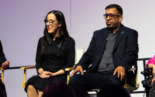 Virginia Atkinson, Yuliia Sachuk, Ganesh Singh, Abia Akram on stage at IFES Democracy Awards