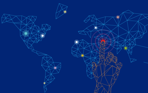 dark blue background person hand pointing at map.