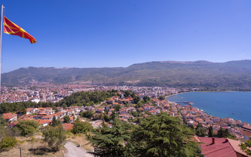 Old town of Ohrid, North Macedonia. North Macedonia flag