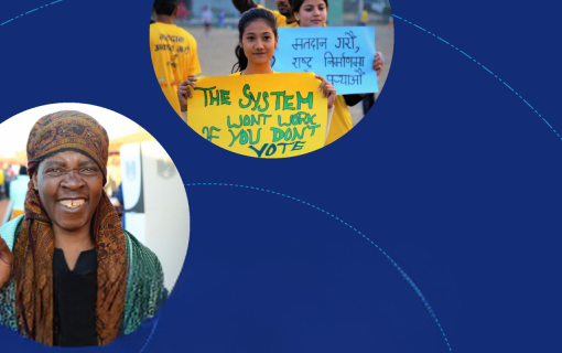 Image of women participating in elections against blue background.