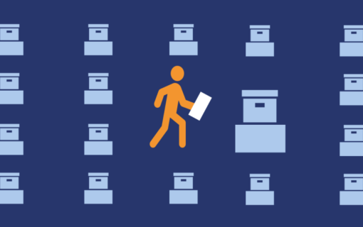 Illustration of a person walking while holding a document, navigating through rows of ballot boxes.