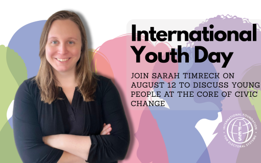 A woman smiling stands next to the text "International Youth Day"