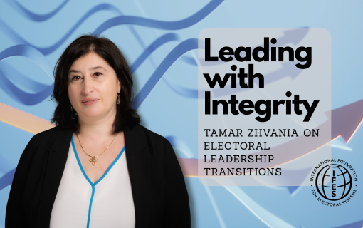 Picture of Tamar Zhvania next to the text "Leading with Integrity"
