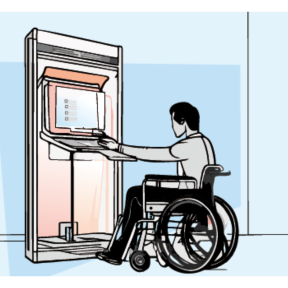 Drawing of a person using a wheel chair to register to vote electronically.