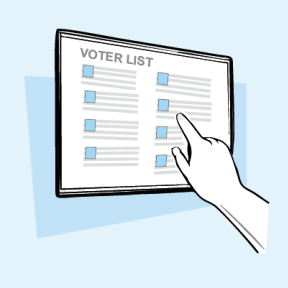 Graphic of voter list on a touch screen. 