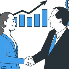A woman and man shake hands in front of a growth chart with a line going upwards. 