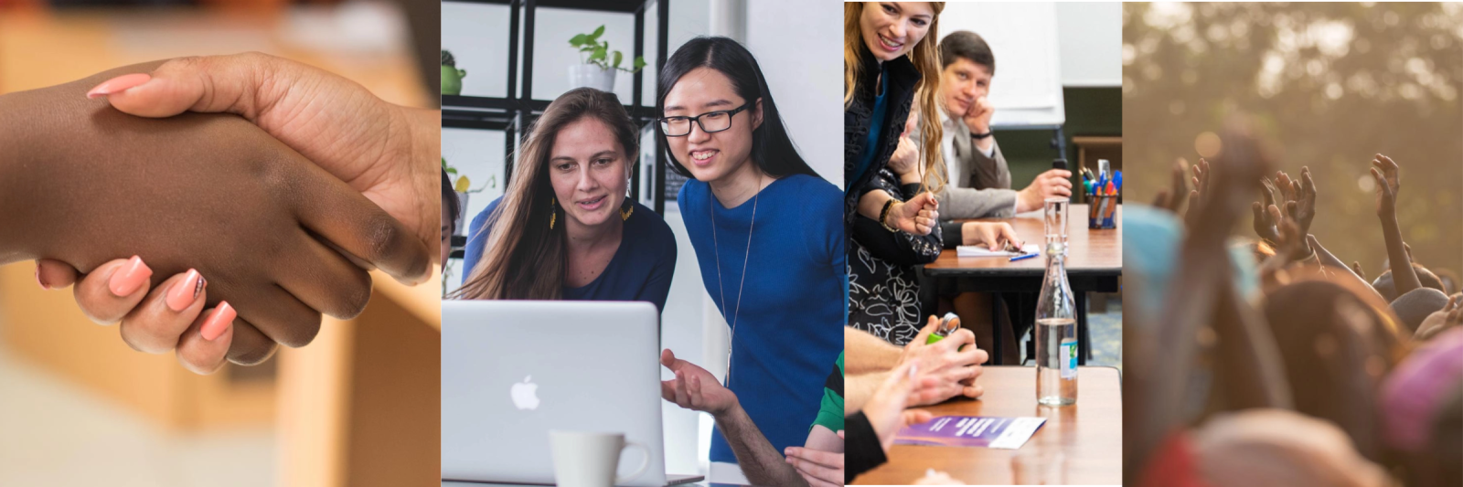 Left to Right image of hand shake, young people looking at screen, board room presentation, image of a protest