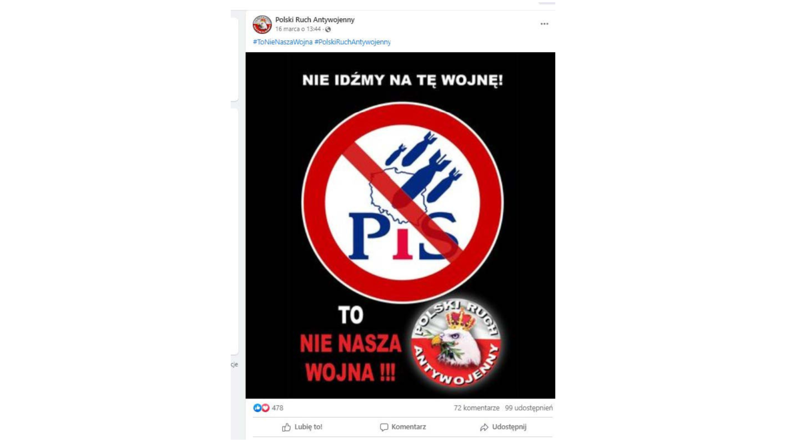 The Polish Anti-War Movement (supported by Russian state propaganda) used fear of insecurity, with social media posts advocating against the war. One example is shown in Figure 7: ‘Let’s not go to this war! This is not our war!’