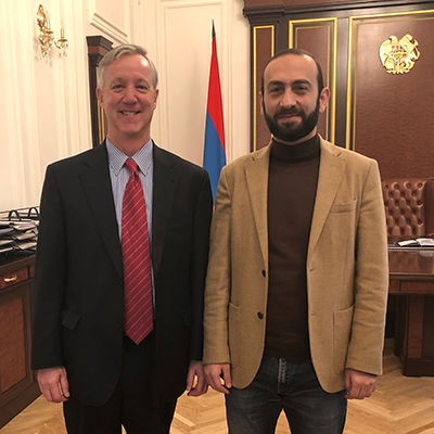 IFES President and CEO Anthony Banbury and First Deputy Prime Minister of Armenia Ararat Mirzoyan after a meeting on IFES' current and future activities and Armenia's electoral assistance needs