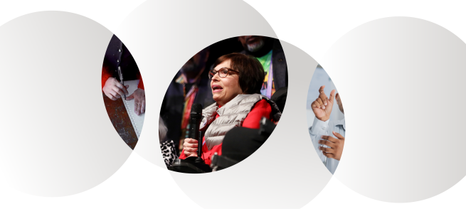 Three ovals with slivers of images centered. The first image is of a person reading braille, the center image is of Judy Heumann speaking, the third image is of someone using their hands to sign.