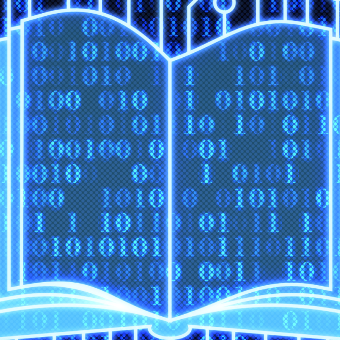 A book with binary code in the background