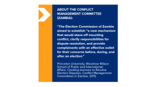 ABOUT THE CONFLICT MANAGEMENT COMMITTEE (ZAMBIA): "The Election Commission of Zambia aimed to establish “a new mechanism that would stave off mounting conflict, clarify responsibilities for dispute resolution, and provide complainants with an effective outlet for their concerns before, during, and after an election." Princeton University, Woodrow Wilson School of Public and International Affairs, Creating avenues to Resolve Election Disputes, Conflict Management Committees in Zambia, 2011)