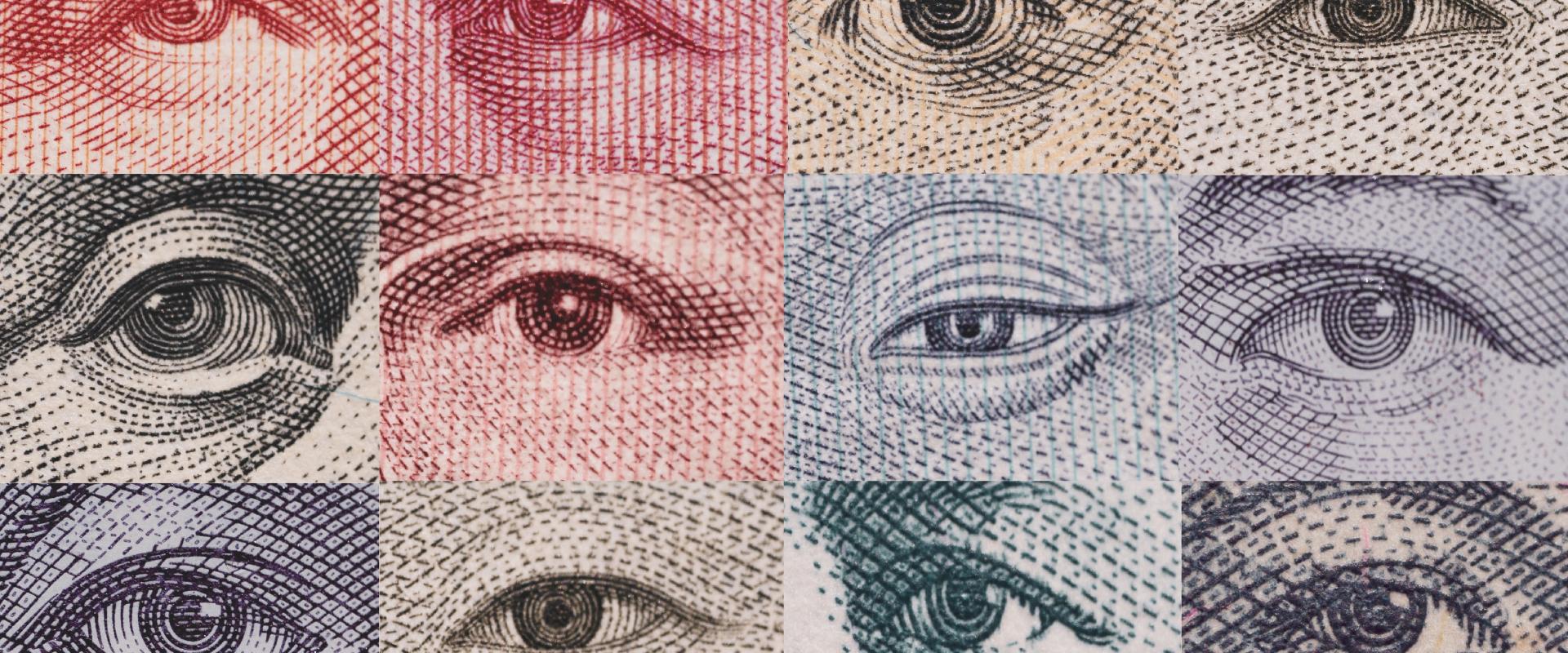 Close up of eyes from currencies