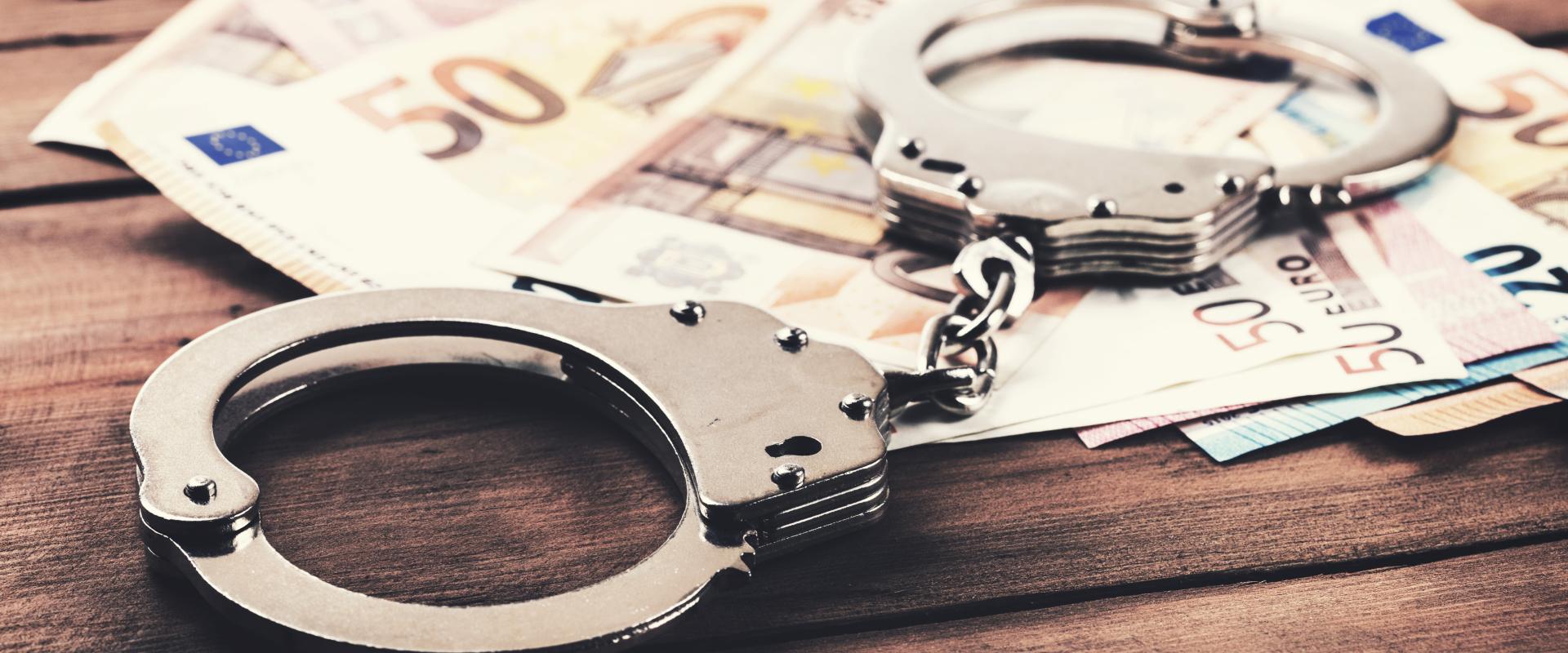 Handcuffs, currency on table
