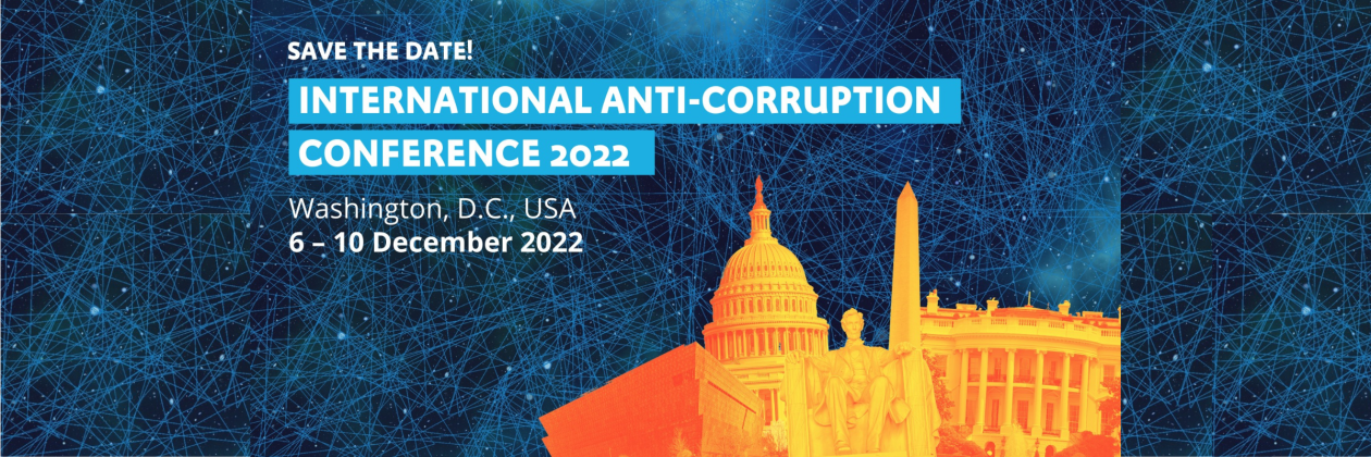 International Anti-Corruption Conference 2022 blue background orange illuminated collection of monuments.