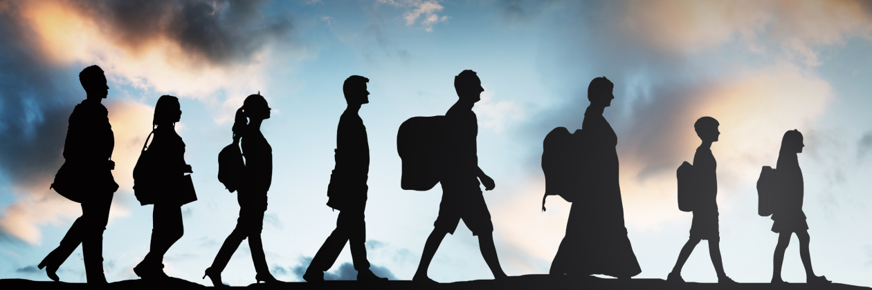 Images of people in shadow walking with their belongings