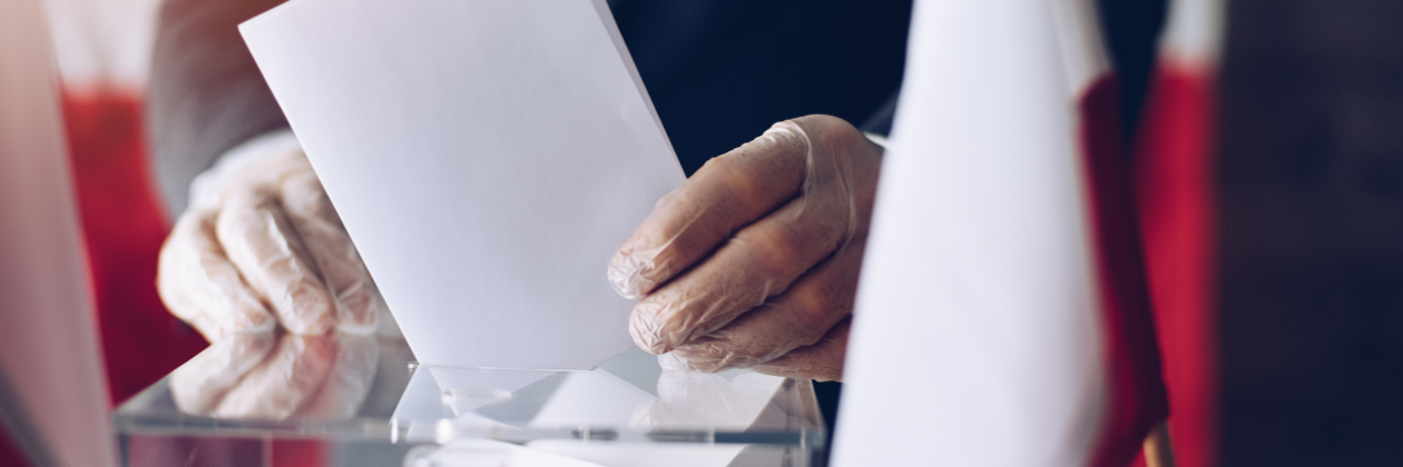 person voting in Poland surrounded by Polish flags
