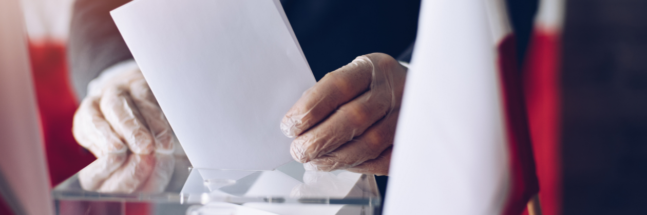 person voting in Poland surrounded by Polish flags 