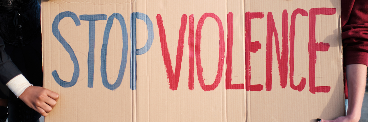 Protest sign reads Stop Violence in blue and red. 