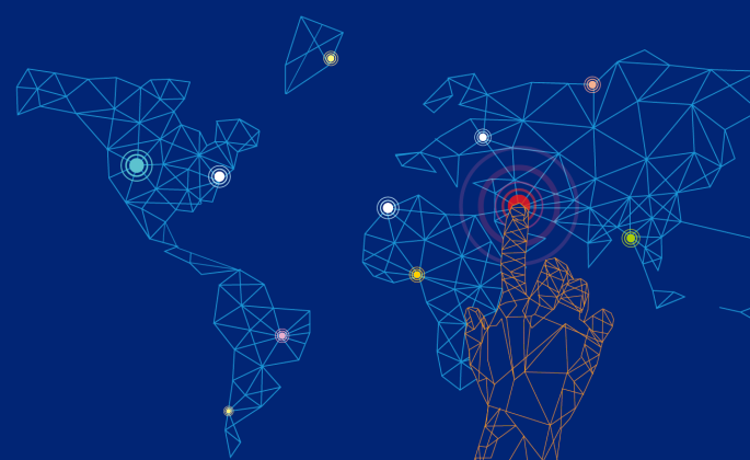dark blue background person hand pointing at map.