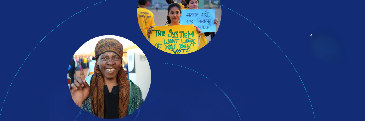Image of women participating in elections against blue background. 