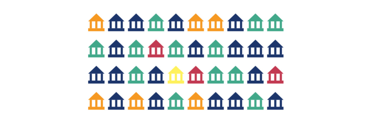 A repeating pattern of colorful illustrated courthouses arranged in rows, featuring various colors such as blue, green, yellow, and red.