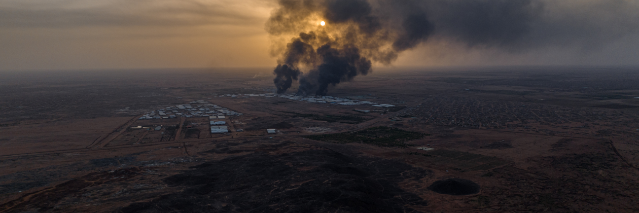 Aerial photo of widespread destruction in Sudan.