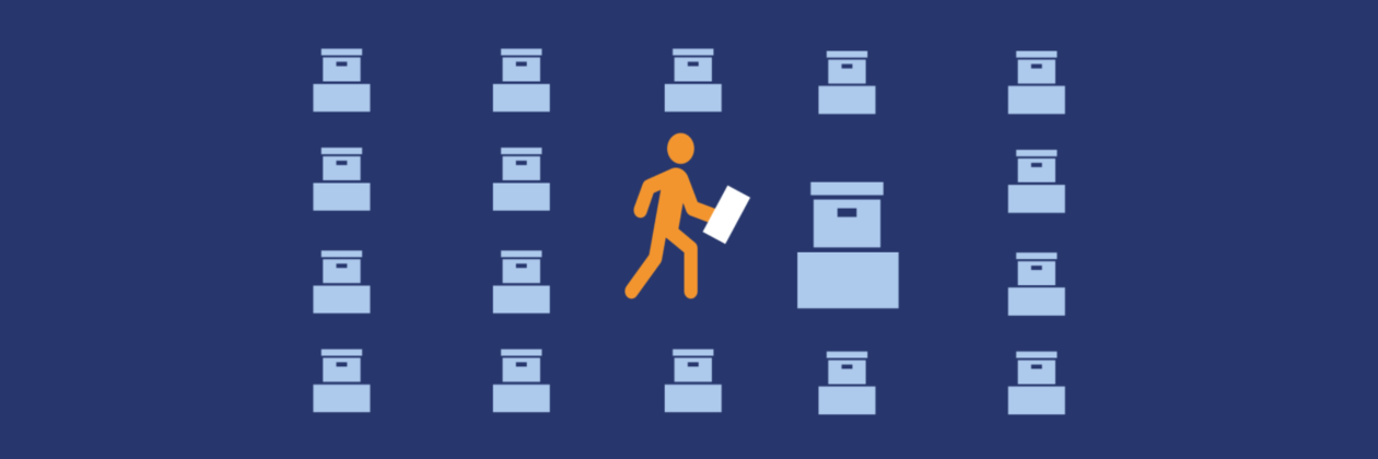 Illustration of a person walking while holding a document, navigating through rows of ballot boxes.