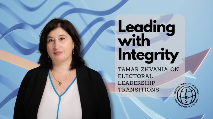 Picture of Tamar Zhvania next to the text "Leading with Integrity"