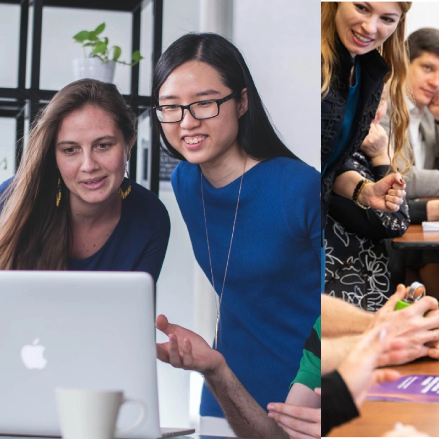 Left to Right image of hand shake, young people looking at screen, board room presentation, image of a protest