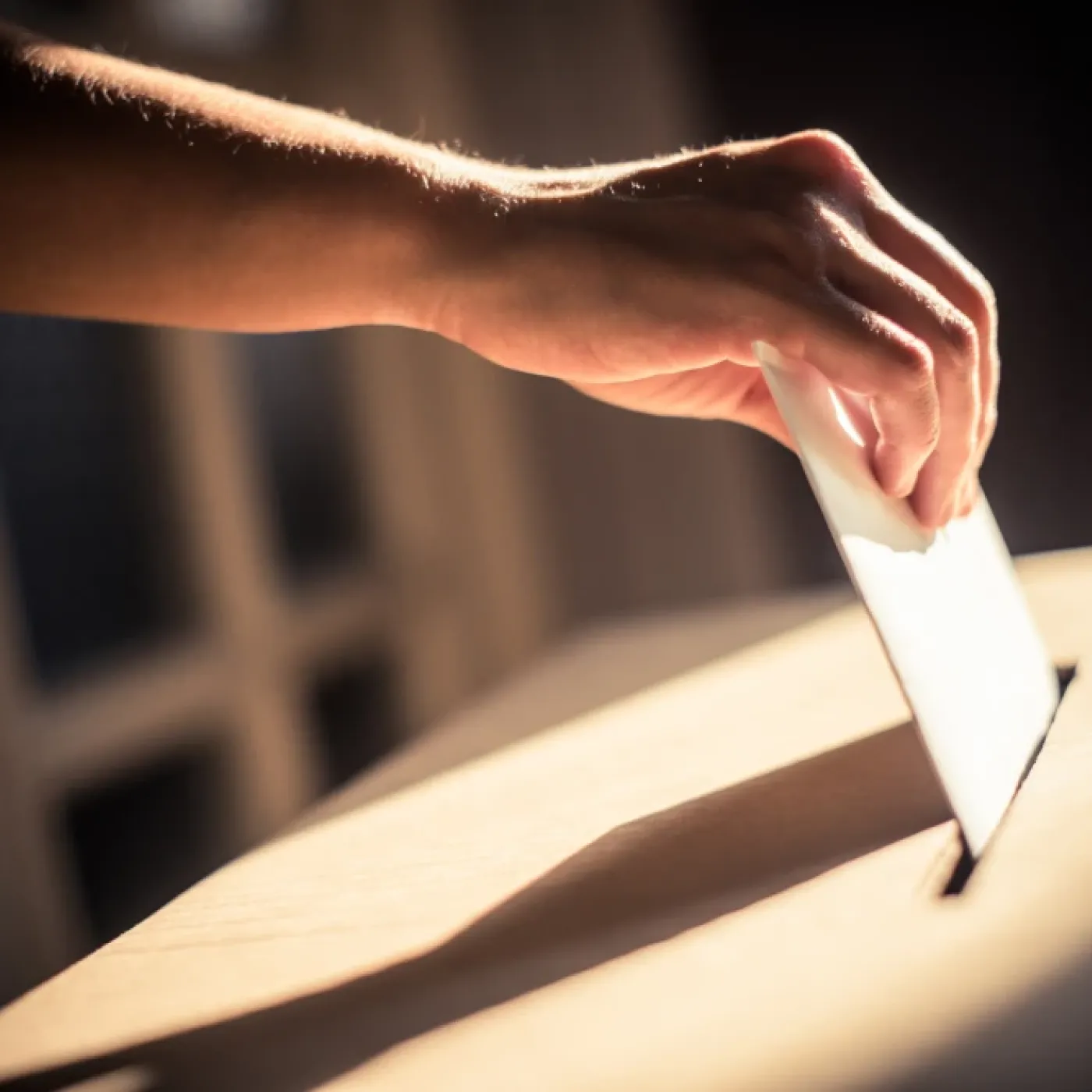 Hand places ballot in ballot box.