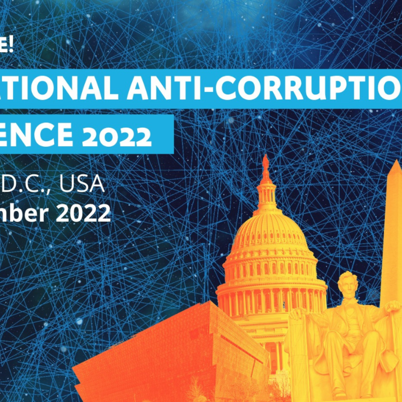 International Anti-Corruption Conference 2022 blue background orange illuminated collection of monuments.