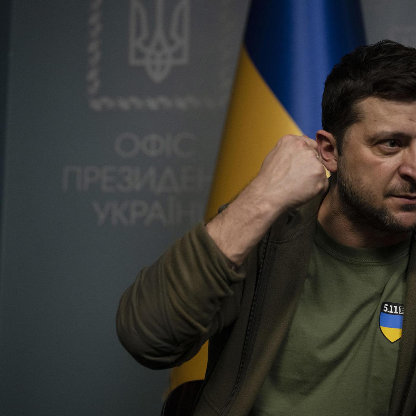 President Volodymyr Zelenskyy of Ukraine during a news conference in Kyiv, March 3, 2022. (Lynsey Addario/The New York Times)