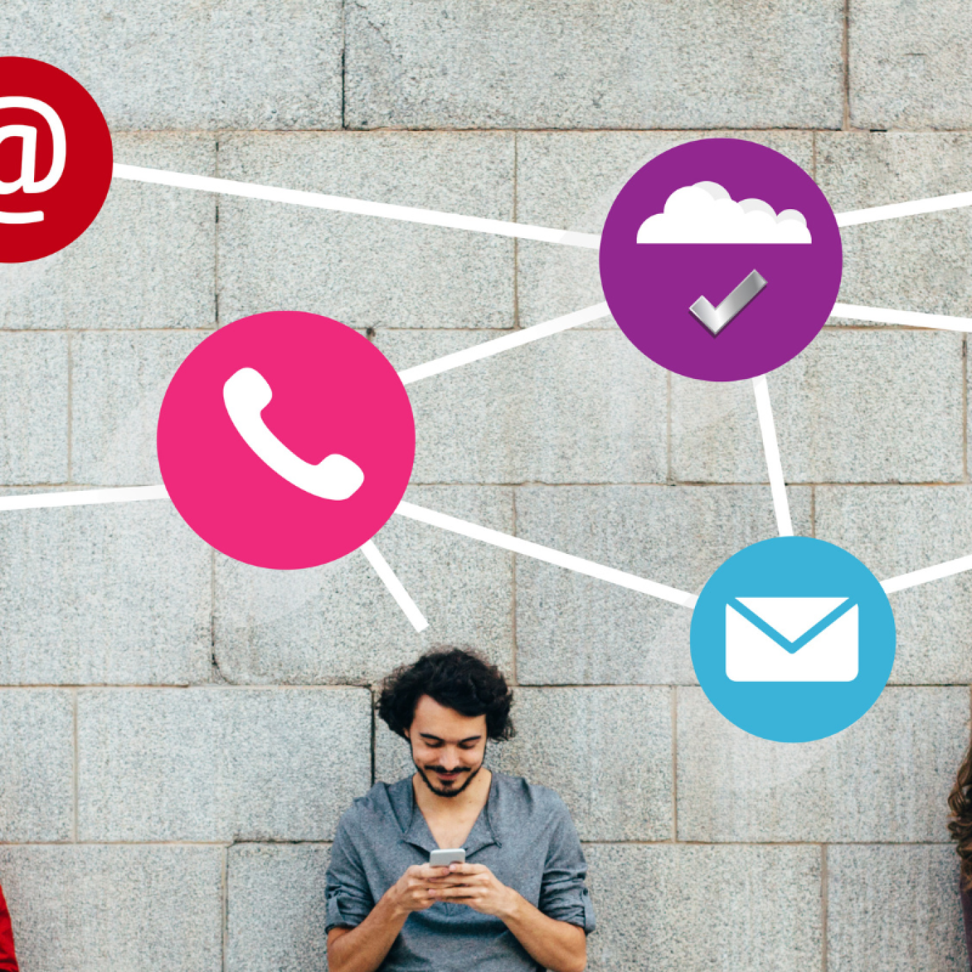 a group of people holding their phones while standing against the wall with digital icons above their heads.