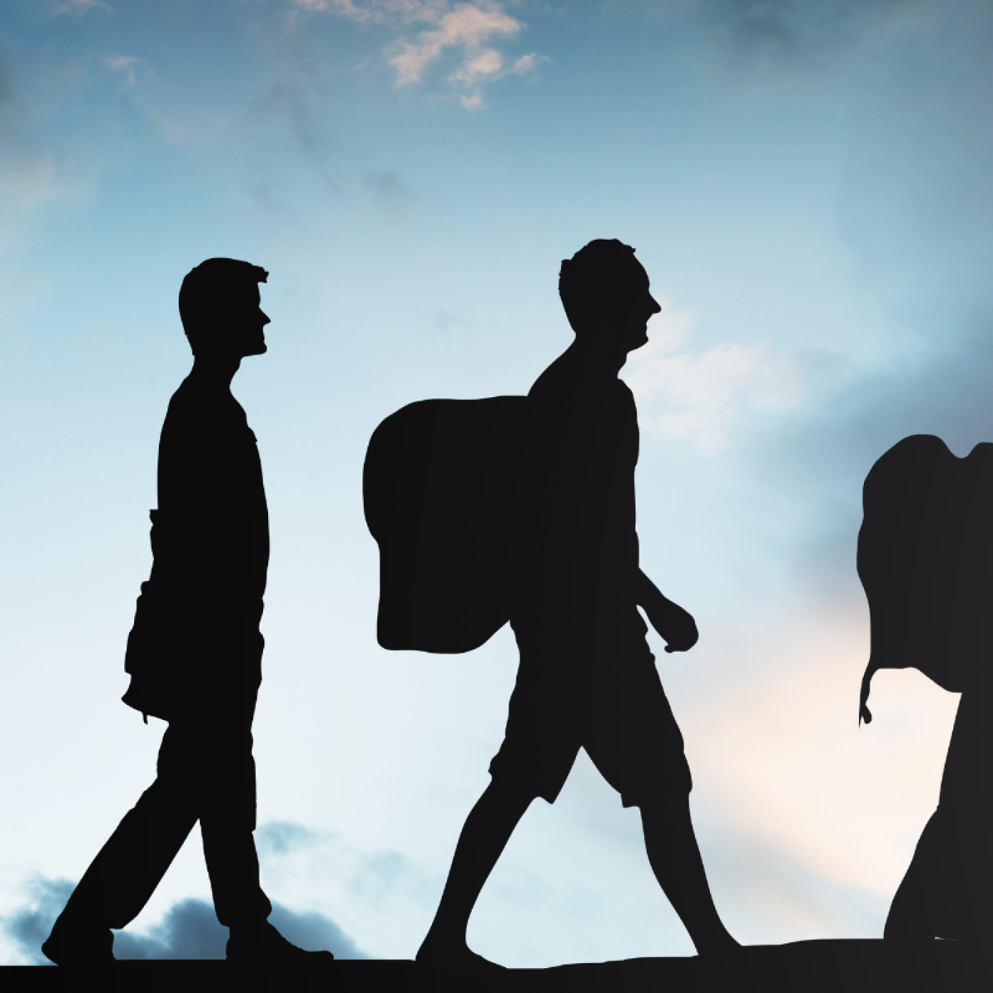 Images of people in shadow walking with their belongings