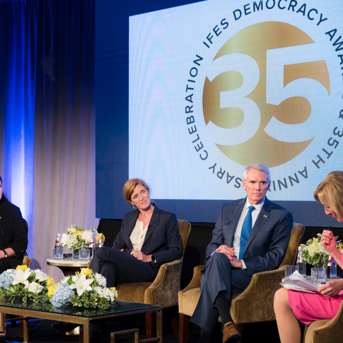 Democracy Awards Dinner panel phot with Markarova, Power, Portman, and Woodruff