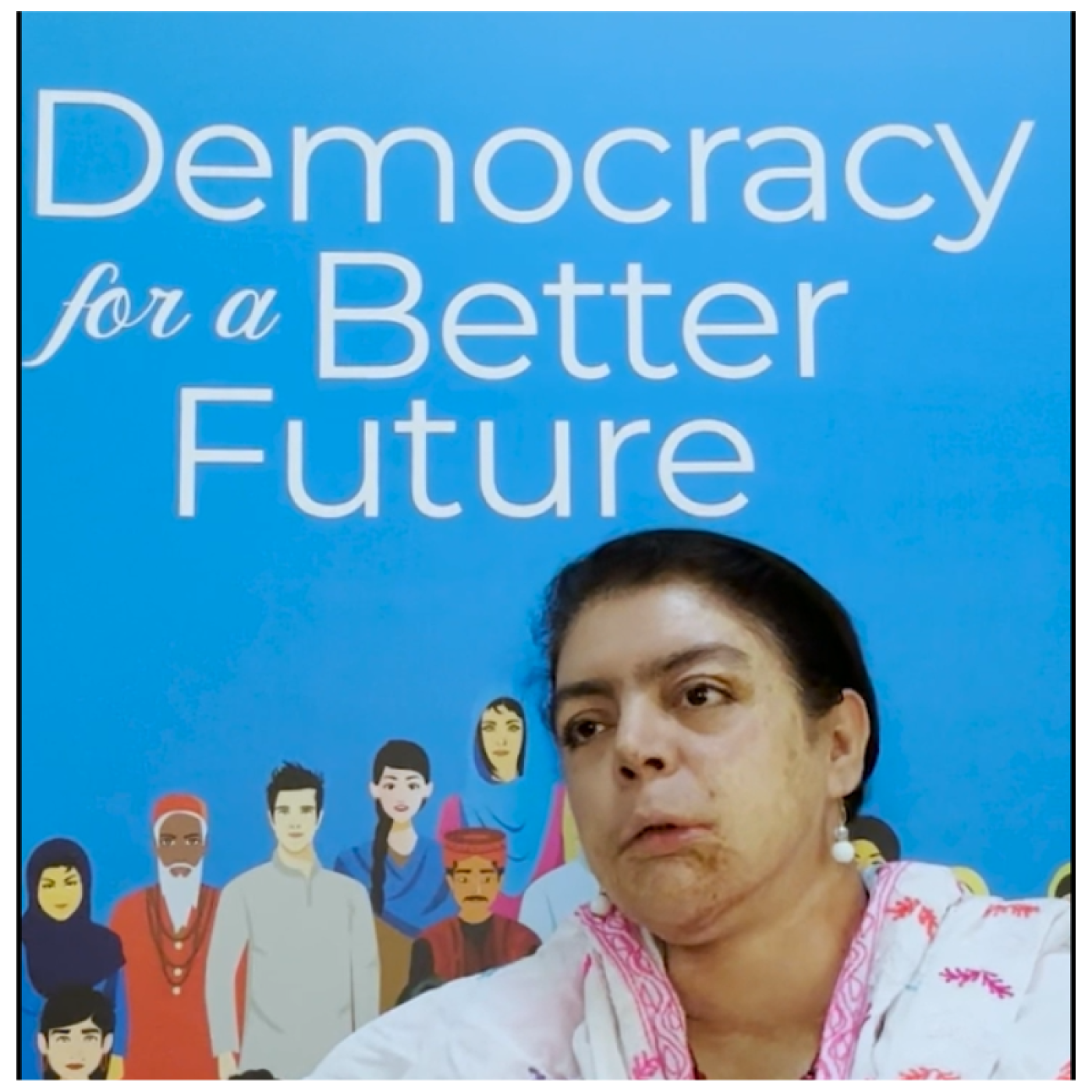 Still of Jannatul Ferdous with text that reads Democracy for a better future