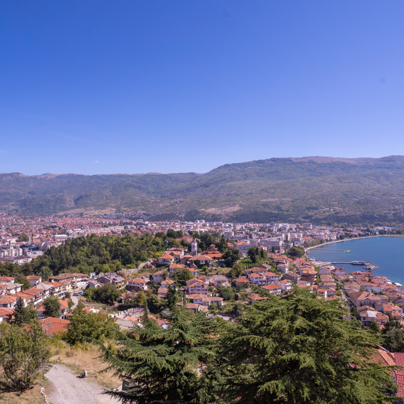 Old town of Ohrid, North Macedonia. North Macedonia flag 