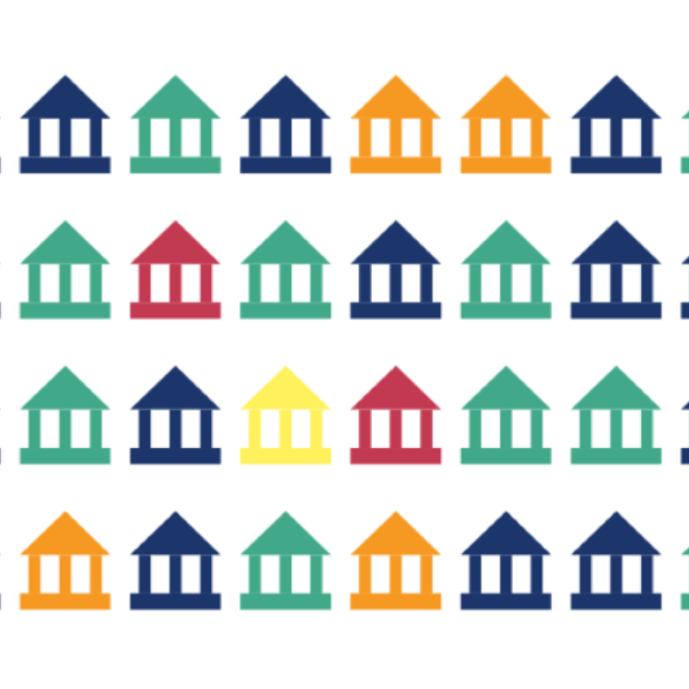A repeating pattern of colorful illustrated courthouses arranged in rows, featuring various colors such as blue, green, yellow, and red.