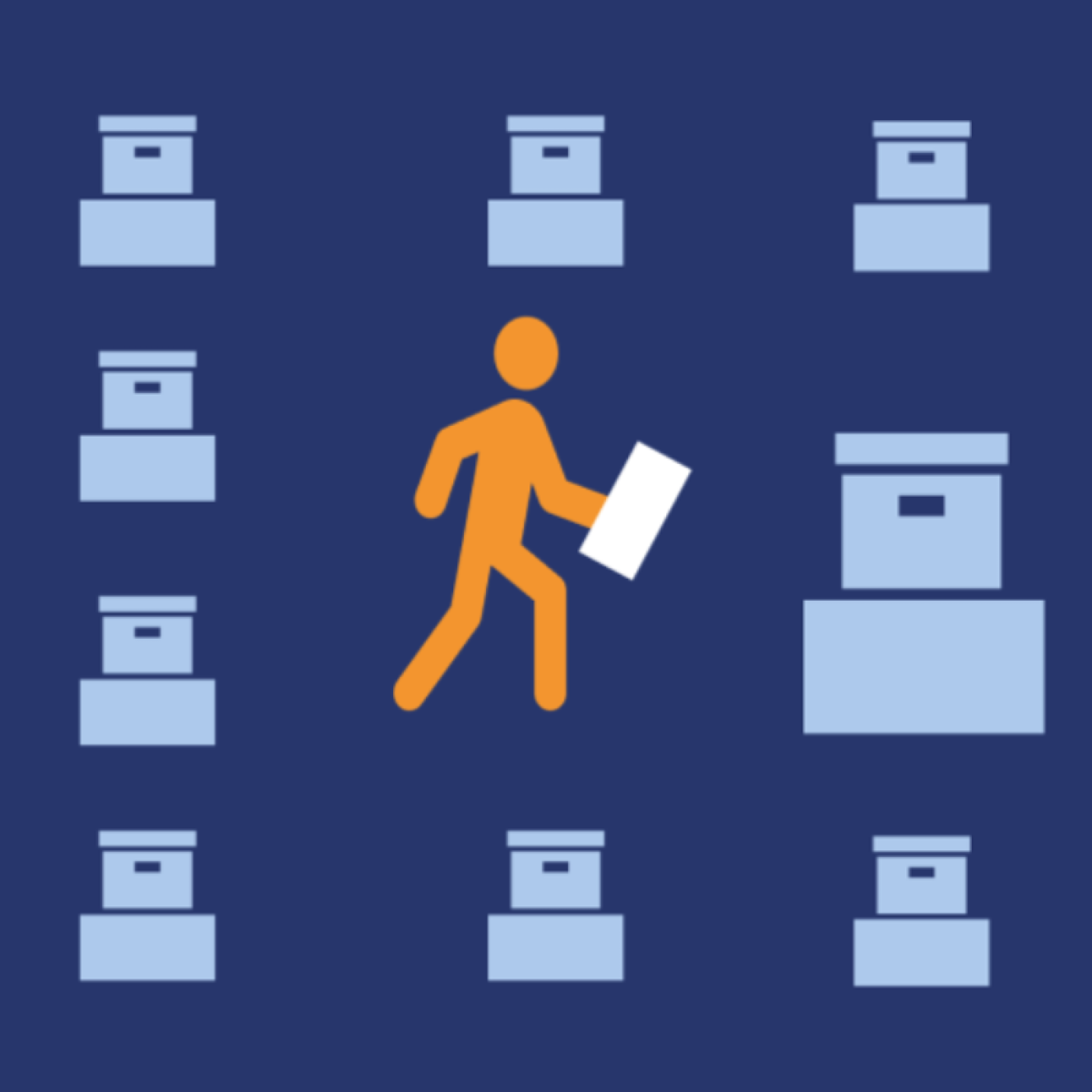 Illustration of a person walking while holding a document, navigating through rows of ballot boxes.
